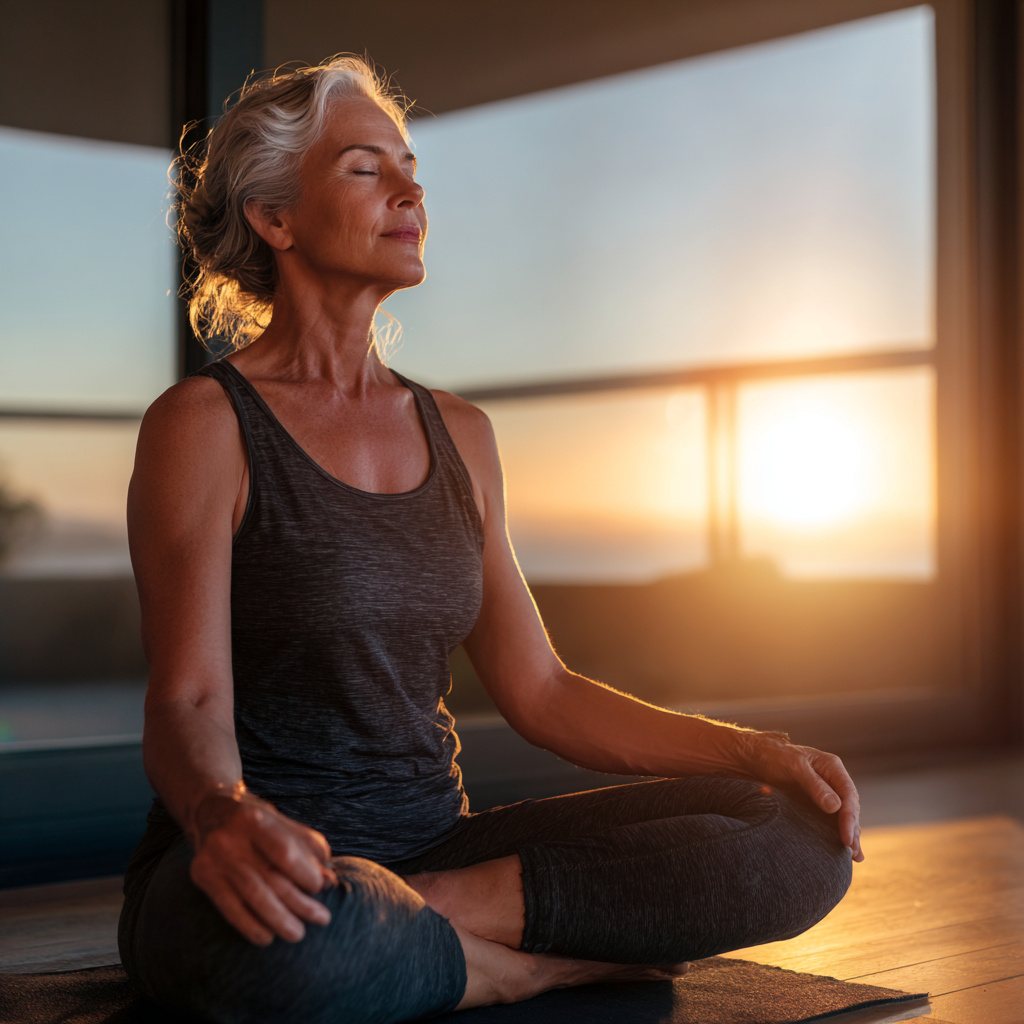 Middle-aged woman in peaceful yoga pose during morning practice