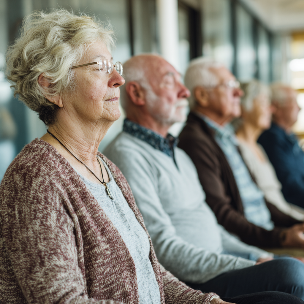 Older adults participating in group meditation and gentle movement session